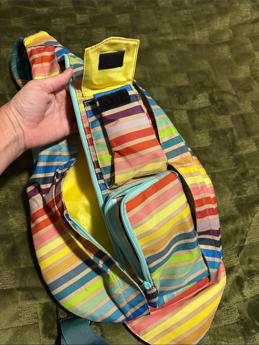 Kavu Multicolor Striped Sling Bag with Teal Strap - Picture 4 of 6
